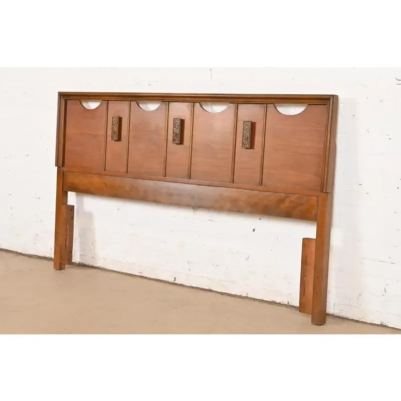 Mayan Collection Mid-Century Modern Sculpted Walnut Queen Size Headboard, 1960s - 3