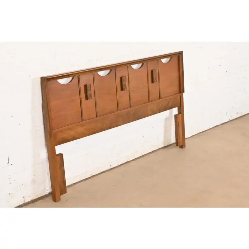 Mayan Collection Mid-Century Modern Sculpted Walnut Queen Size Headboard, 1960s - 4