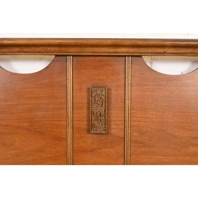 Mayan Collection Mid-Century Modern Sculpted Walnut Queen Size Headboard, 1960s - 5