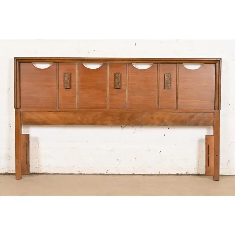 Mayan Collection Mid-Century Modern Sculpted Walnut Queen Size Headboard, 1960s - 8