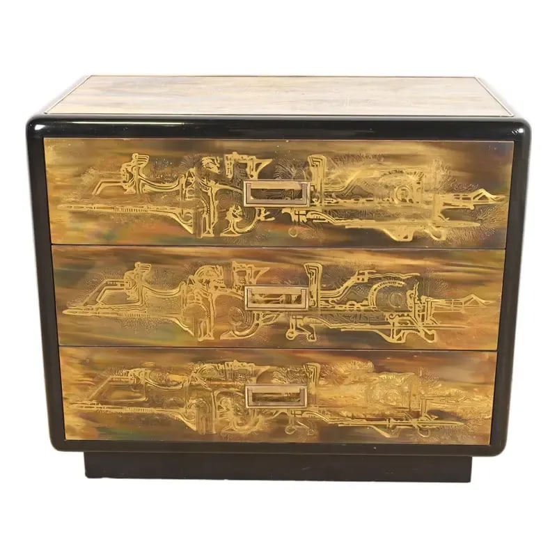 Bernhard Rohne for Mastercraft Acid Etched Brass Chest of Drawers, 1970s: A gorgeous Mid-Century Modern Hollywood Regency chest of drawers By Bernhard Rohne for Mastercraft Furniture USA, 1970s Acid etched brass, with black lacquered trim, and original brass hardware. Measu