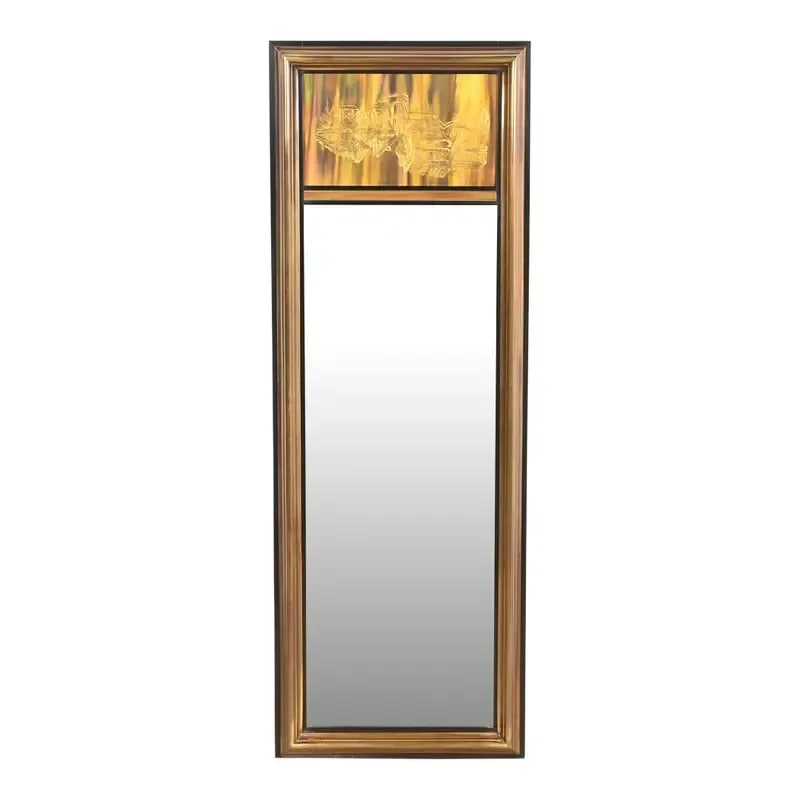 Bernhard Rohne for Mastercraft Acid Etched Brass Tall Wall Mirror, 1970s: A gorgeous mid-century modern Hollywood Regency wall mirror By Bernhard Rohne for Mastercraft Furniture USA, 1970s Acid etched brass, with black lacquered trim. Measures: 20"W x 2"D x 56"H. Very good