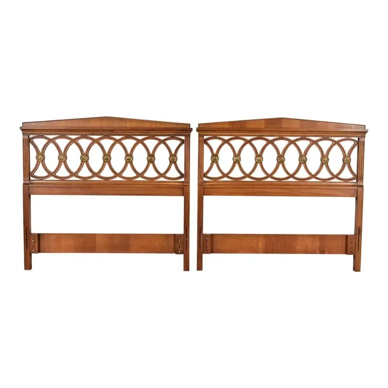 Drexel Mid-Century French Regency Louis XVI Carved Walnut Twin Size Headboards, Pair: A gorgeous pair of mid-century French Regency Louis XVI style twin size headboards By Drexel USA, Circa 1960s Carved walnut, with brass accents. Each measures: 42.5"W x 1.75"D x 38.75"H. Very good ori
