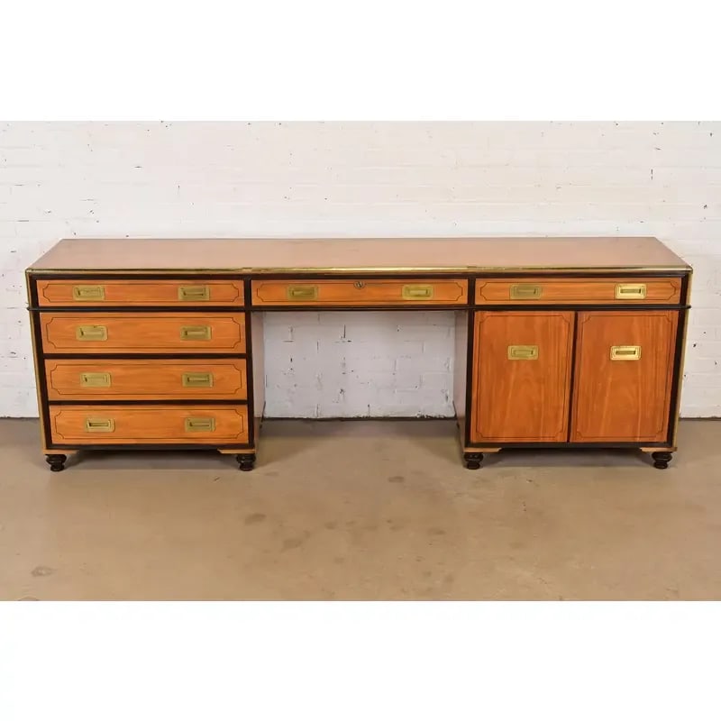 Baker Furniture Mid-Century Hollywood Regency Campaign Satinwood Desk or Executive Credenza - 2