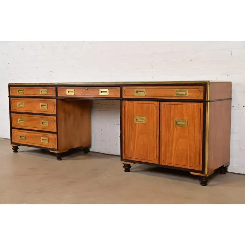 Baker Furniture Mid-Century Hollywood Regency Campaign Satinwood Desk or Executive Credenza - 3