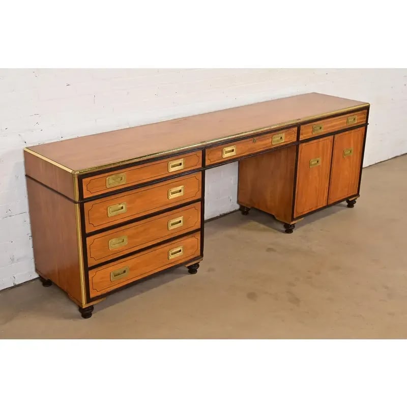 Baker Furniture Mid-Century Hollywood Regency Campaign Satinwood Desk or Executive Credenza - 4