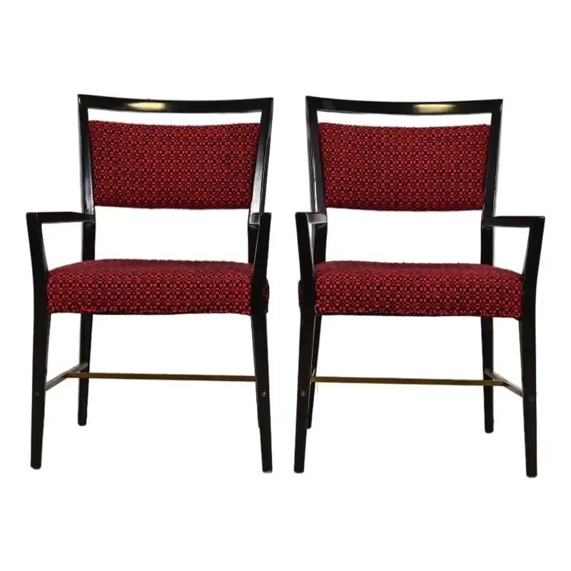 Paul McCobb Connoisseur Collection Black Lacquered Mahogany and Brass Armchairs, Pair: An exceptional pair of Mid-Century Modern armchairs or dining captain chairs By Paul McCobb for Directional, "Connoisseur Collection" USA, 1950s Elegant black lacquered sculpted mahogany frames, with