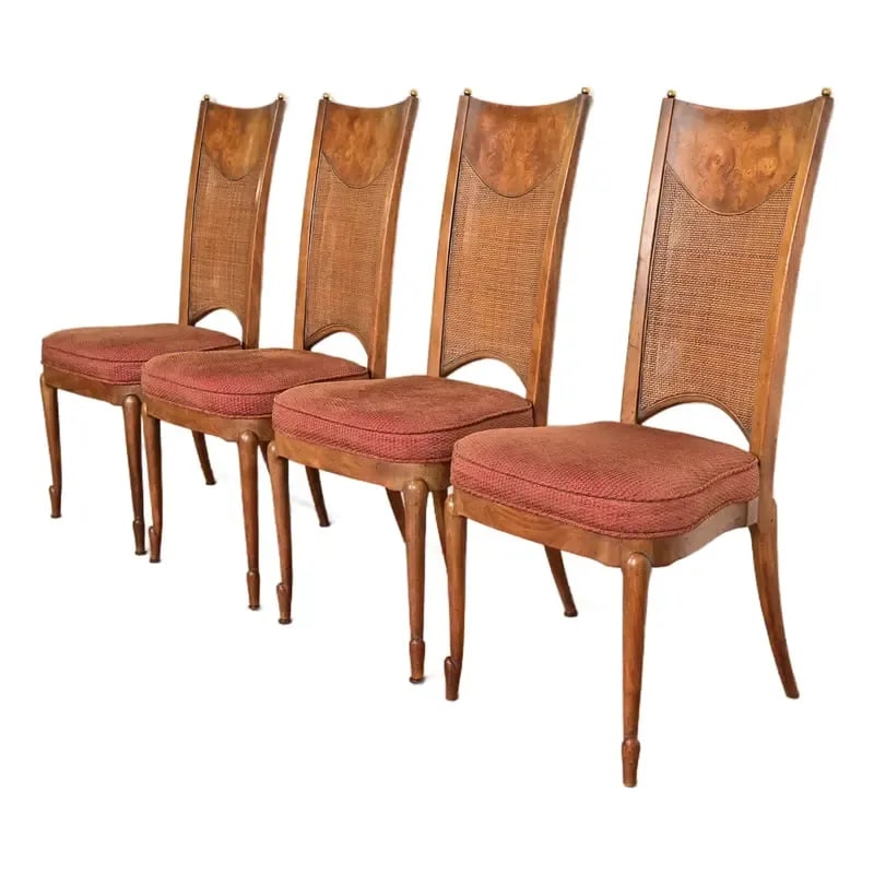 William Doezema for Mastercraft Mid-Century Modern Hollywood Regency Burl Wood Dining Chairs: A gorgeous set of four mid-century modern Hollywood Regency dining chairs By William Doezema for Mastercraft USA, 1970s Sculpted burled Carpathian elm wood frames, with caned backs, brass accents, and