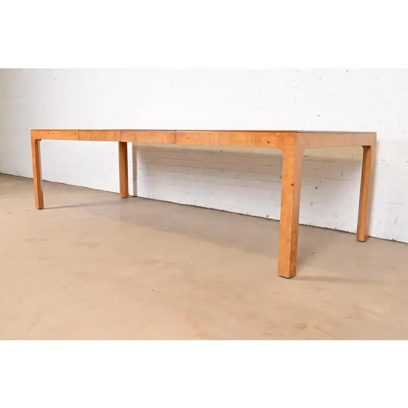 Milo Baughman Style Burl Wood Parsons Extension Dining Table by Henredon, Newly Refinished - 4
