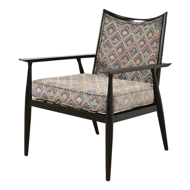 Paul McCobb Planner Group Black Lacquered Lounge Chair, 1950s: A gorgeous Mid-Century Modern club chair or lounge chair By Paul McCobb for Winchendon Furniture, "Planner Group" USA, 1950s Black lacquered walnut frame, with upholstered seat and back. Measures: 26"