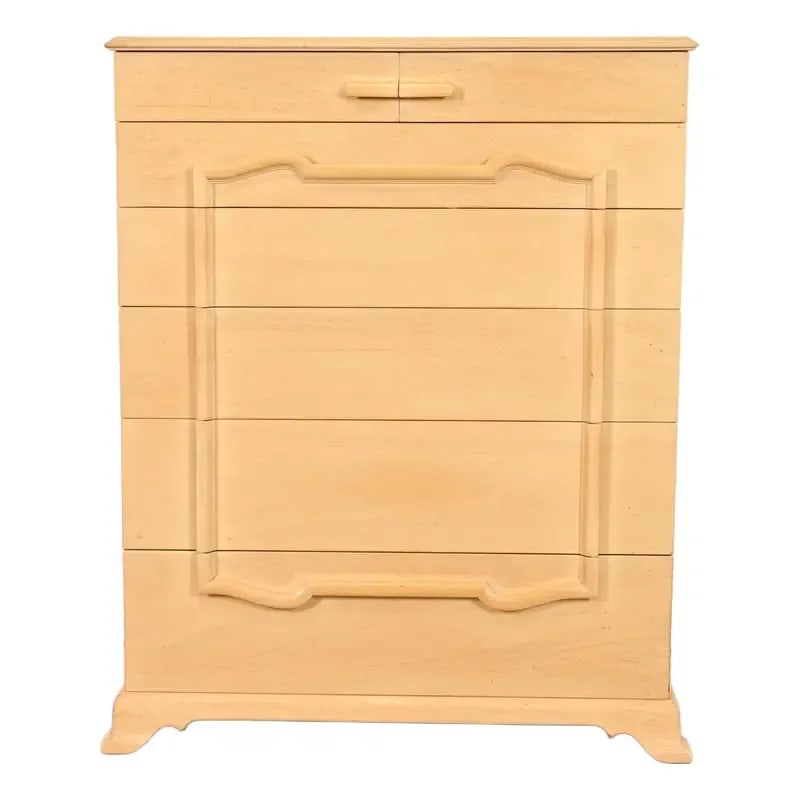 Grosfeld House Mid-Century Hollywood Regency Bleached Mahogany Highboy Dresser, Circa 1940s: A gorgeous mid-century Hollywood Regency sculpted bleached Mahogany highboy dresser or chest of drawers By Grosfeld House USA, Circa 1940s Measures: 40"W x 21.5"D x 48.13"H. Very good original vintage