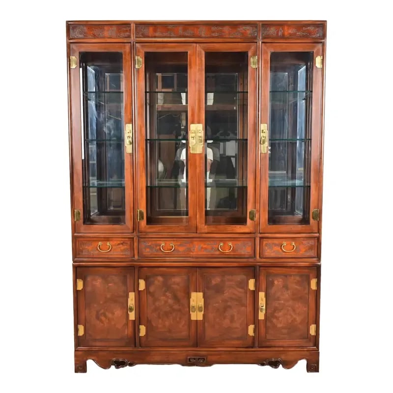 Drexel Heritage Hollywood Regency Chinoiserie Burled Mahogany Lighted Bookcase or Display Cabinet (1 of 16)