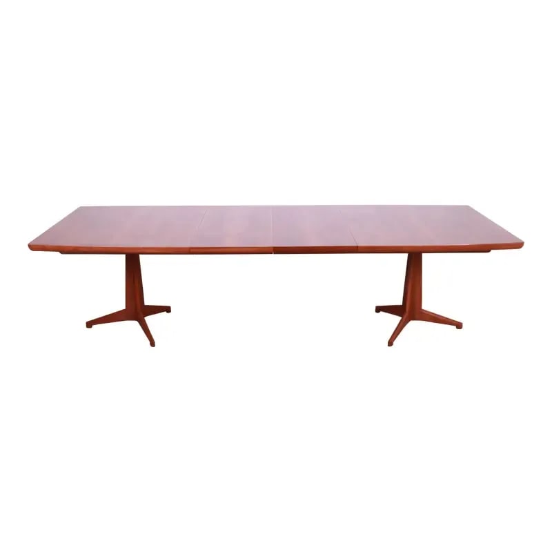 John Widdicomb Mid-Century Modern Sculpted Walnut Double Pedestal Extension Dining Table (1 of 12)