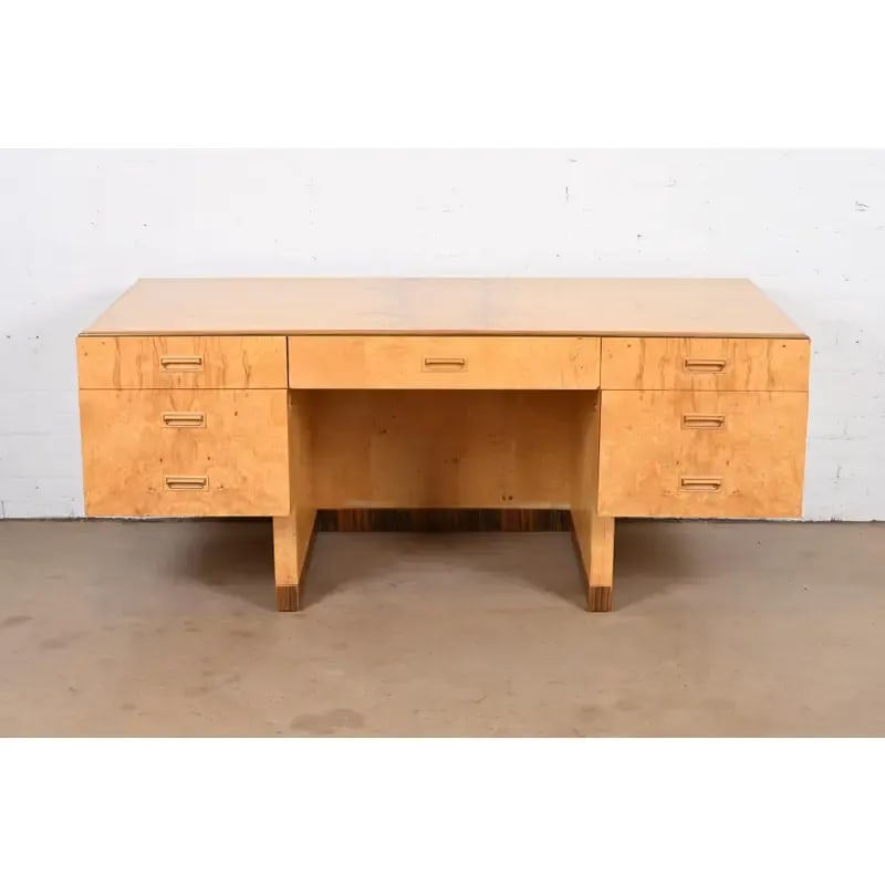 Milo Baughman Style Burl Wood and Macassar Ebony Executive Desk by Henredon - 2