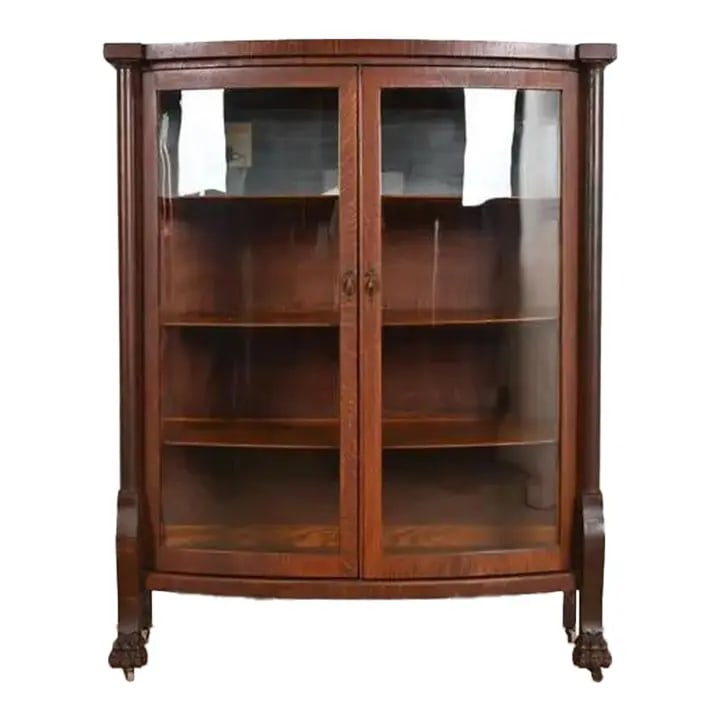 R. J. Horner Style Antique American Empire Oak Bow Front Bookcase Cabinet With Lion's Paw Feet (1 of 12)