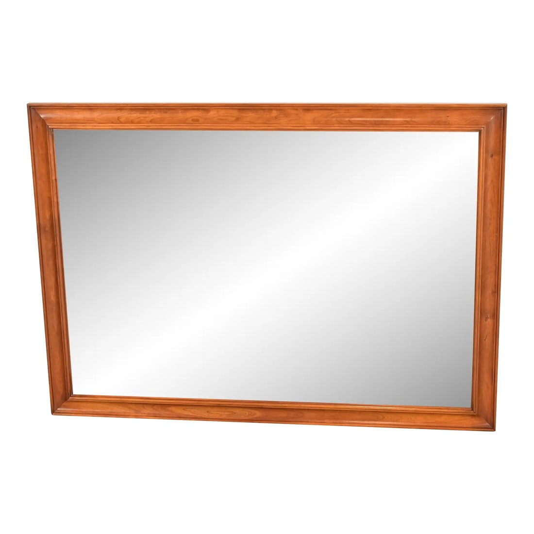 L. & J. G. Stickley American Colonial Cherry Wood Framed Wall Mirror, 1957: A gorgeous American Colonial style solid cherry wood framed wall mirror By L. & J. G. Stickley USA, 1957 Measures: 42"W x 1.5"D x 30"H. Very good original vintage condition. See less