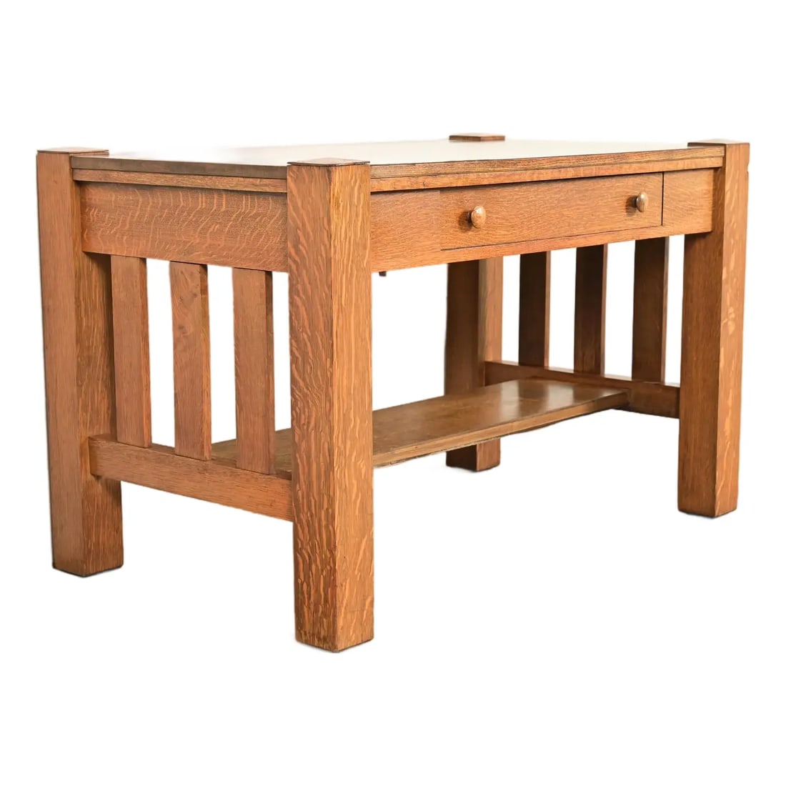 Stickley Brothers Style Antique Mission Oak Arts & Crafts Writing Desk or Library Table, Circa 1900: A gorgeous antique Mission or Arts & Crafts period quarter sawn tiger oak writing desk or library table In the manner of Stickley Brothers USA, Circa 1900 Measures: 48.25"W x 28.25"D x 30.75"H. Good o
