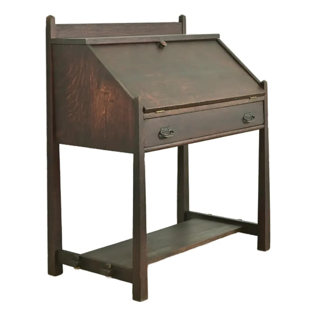 Stickley Brothers Style Antique Mission Oak Arts & Crafts Drop Front Secretary Desk, Circa 1910: A gorgeous antique Mission or Arts & Crafts period slant front writing desk or secretary desk In the manner of Stickley Brothers USA, Early 20th Century Quarter sawn oak, with original hammered copper