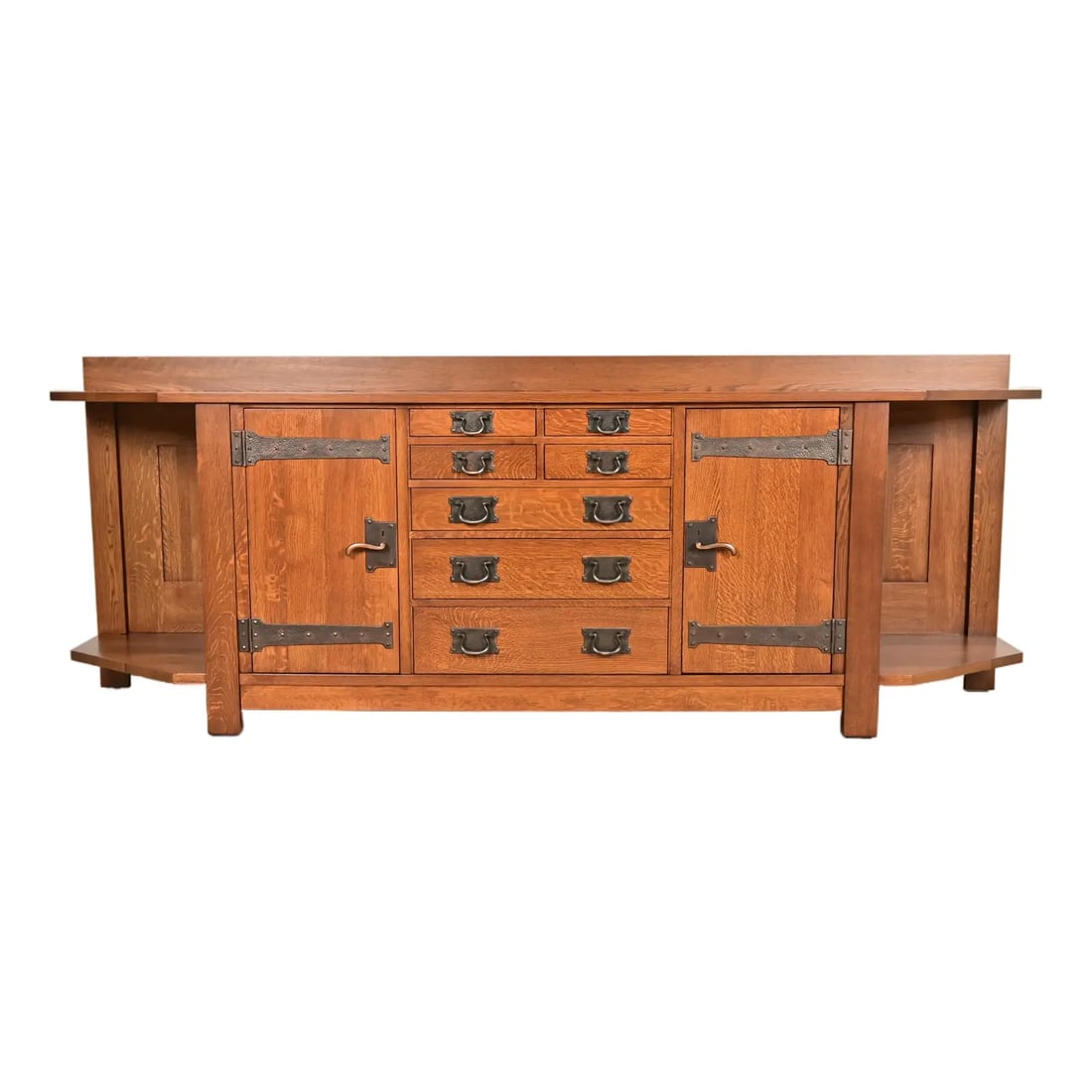 L. & J. G. Stickley Rare Mission Oak Arts & Crafts Columbus Avenue Monumental Sideboard: An extremely rare and exceptional Mission or Arts & Crafts strap hinge monumental sideboard Produced by L. & J.G. Stickley (Limited edition #26 out of 100 produced.) Originally designed and produced b