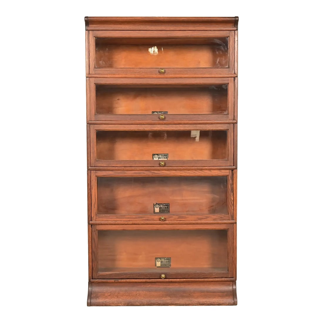 Antique Mission Oak Arts & Crafts Viking Five-Stack Barrister Bookcase, Circa 1900: A beautiful antique Mission or Arts & Crafts period "Viking" five-stack barrister bookcase cabinet In the manner of Globe Wernicke By Skandia Furniture Co. USA, Circa 1900 Quarter sawn oak, with glass