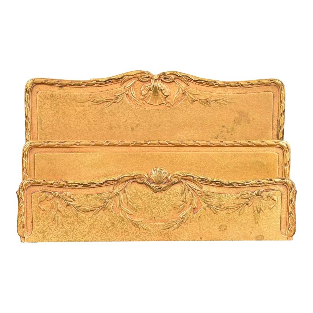 Tiffany Studios New York Louis XVI Bronze Doré Letter Rack: A gorgeous antique Art Nouveau period Louis XVI style gilt bronze letter rack By Tiffany Studios (signed to the underside) New York, USA, Early 20th Century Measures: 9"W x 2.5"D x 5.25"H Very good or