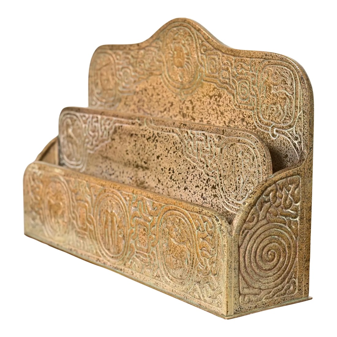 Tiffany Studios New York Zodiac Pattern Bronze Doré Letter Rack: A gorgeous antique Arts & Crafts or Art Deco period gilt bronze "Zodiac" pattern desk letter holder rack By Tiffany Studios (signed to the underside) New York, USA, Early 20th Century Measures: 9.5"W 