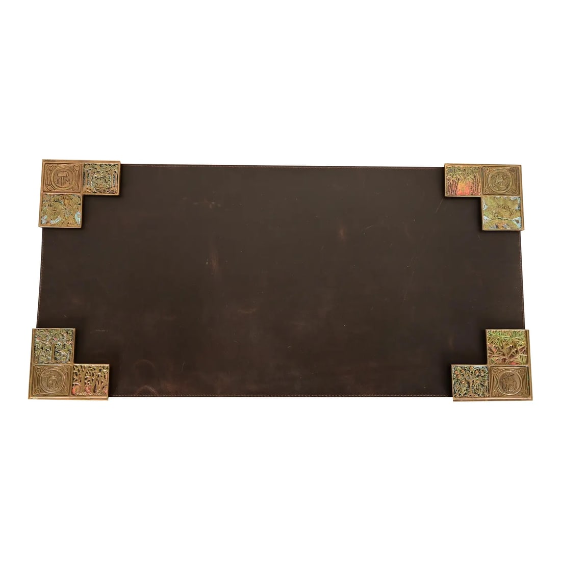 Tiffany Studios New York Bookmark Pattern Bronze Doré and Enamel Blotter Corners With Leather Desk (1 of 13)