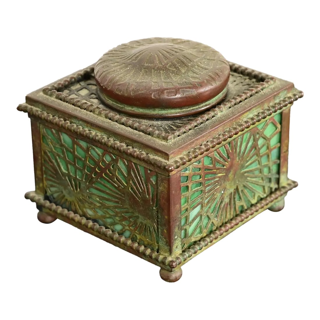 Tiffany Studios New York Pine Needle Bronze and Favrile Slag Glass Inkwell, Circa 1910 (1 of 13)