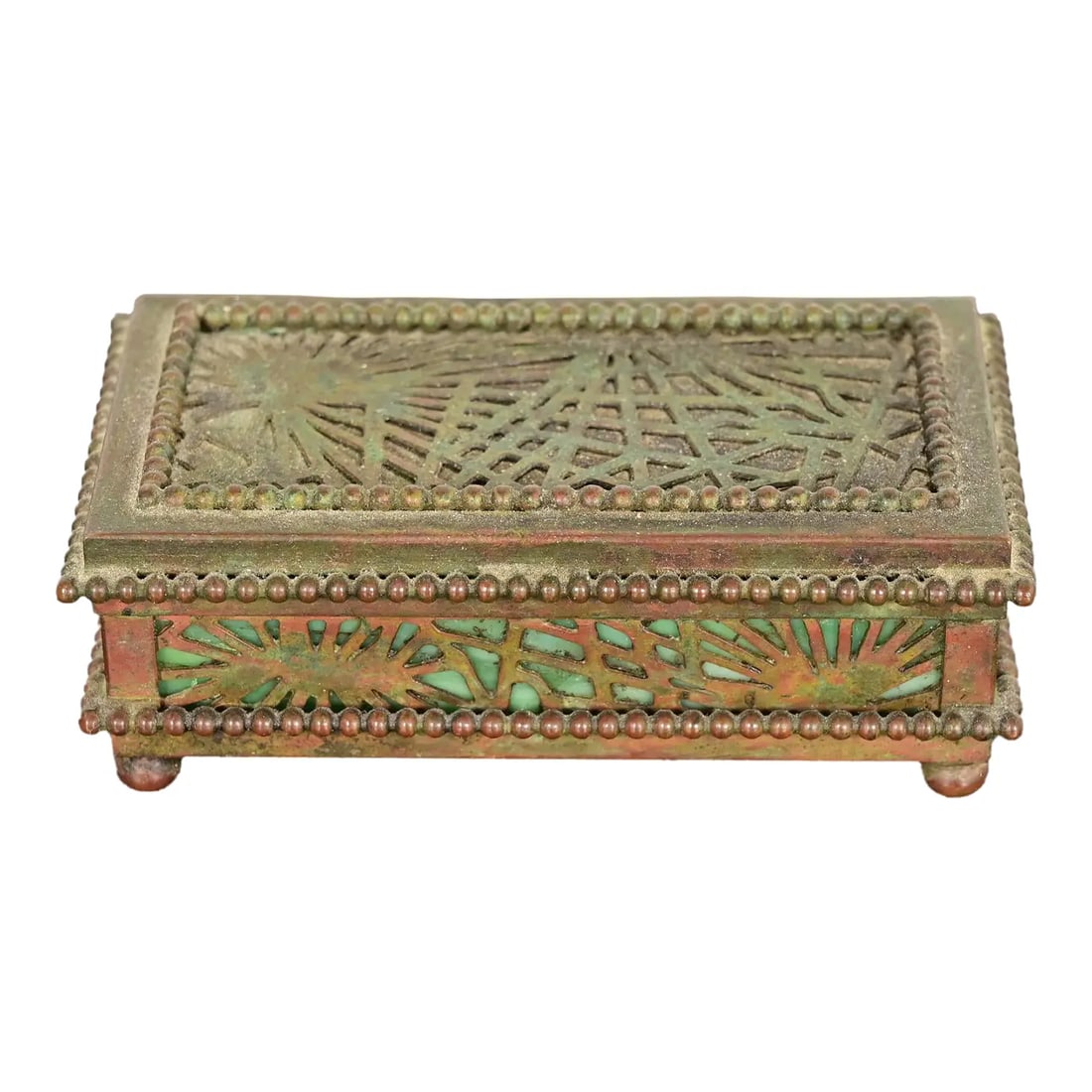 Tiffany Studios New York Pine Needle Pattern Bronze and Favrile Slag Glass Stamp Box (1 of 12)