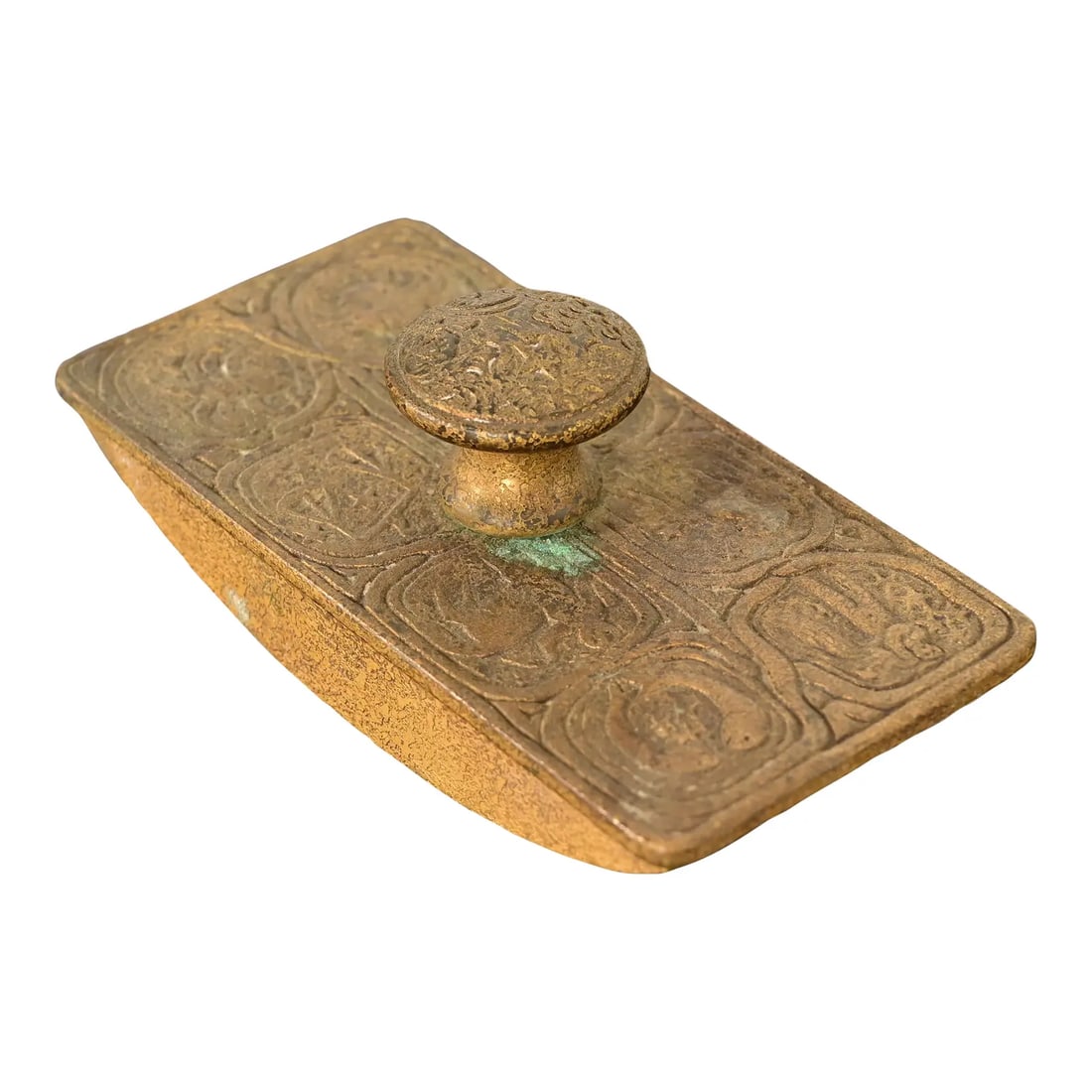 Tiffany Studios New York Zodiac Bronze Doré Rocker Blotter, Circa 1910: A gorgeous Art Deco period bronze rocker ink blotter featuring Zodiac designs By Tiffany Studios (signed to the side) New York, USA, Early 20th Century Measures: 5.5"W x 2.75"D x 2"H. Good original vi