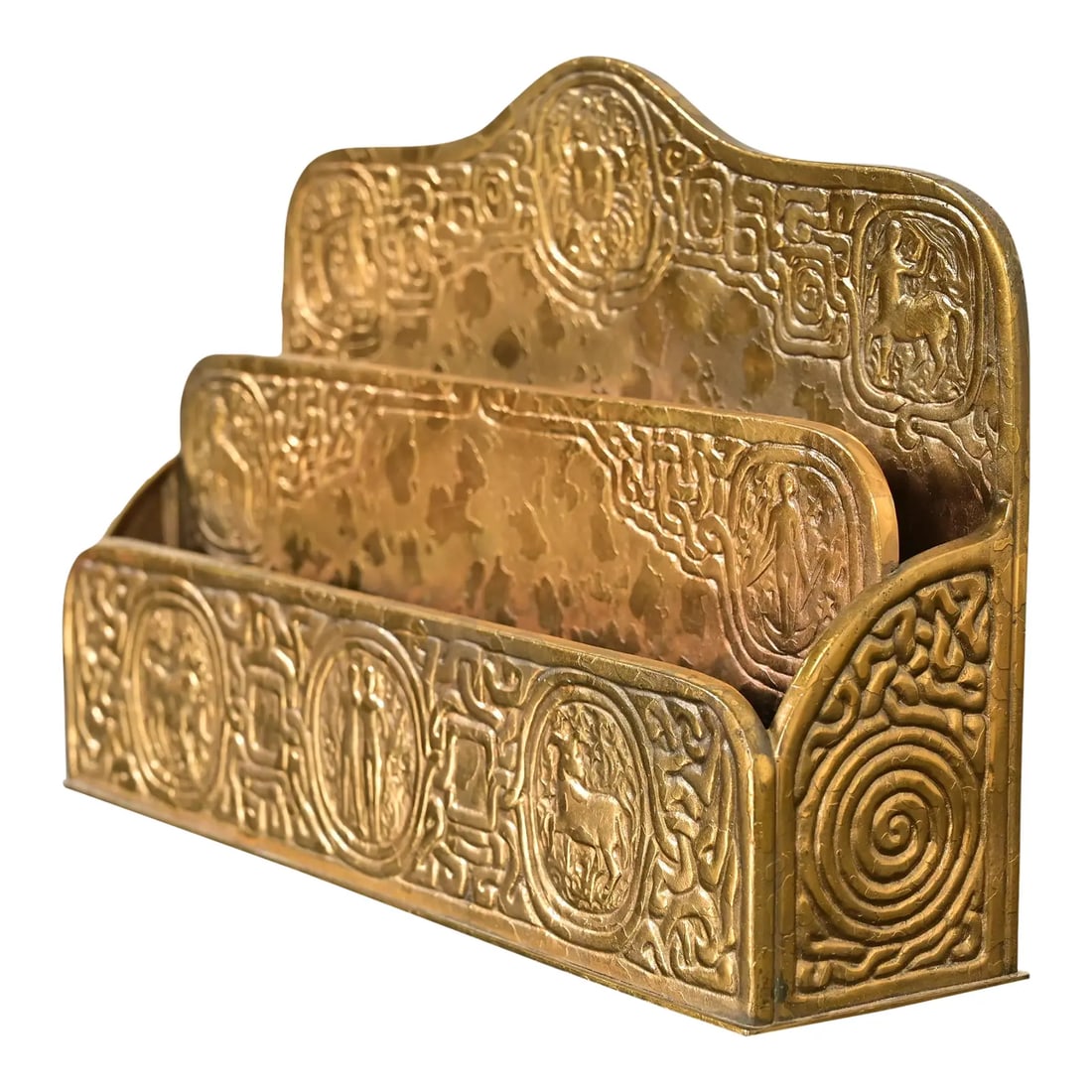 Tiffany Studios New York Zodiac Pattern Bronze Doré Letter Rack: A gorgeous antique Arts & Crafts or Art Deco period gilt bronze "Zodiac" pattern desk letter holder rack By Tiffany Studios (signed to the underside) New York, USA, Early 20th Century Measures: 9.5"W 