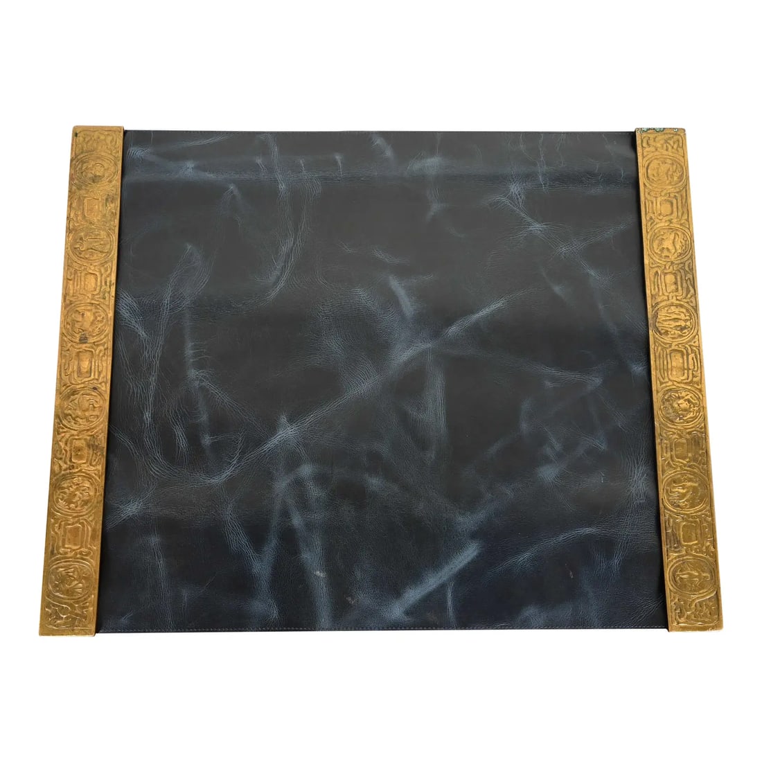 Tiffany Studios New York Zodiac Bronze Doré Blotter Ends With Leather Desk Blotter: A gorgeous pair of Art Deco or Arts & Crafts period gilt bronze blotter ends featuring symbols of the Zodiac with a custom blue leather desk pad By Tiffany Studios (blotter ends signed to the undersid