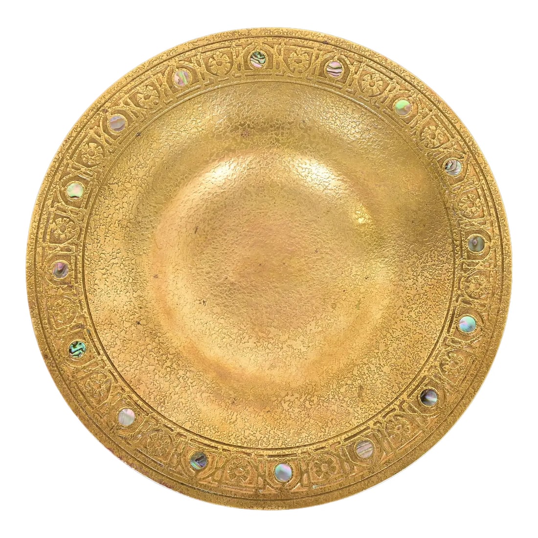 Tiffany Studios New York Bronze Doré Bowl With Abalone Inlay: A gorgeous antique Arts & Crafts or Art Deco period gilt bronze dish or shallow bowl with abalone inlay By Tiffany Studios (signed to the underside) New York, USA, Early 20th Century Measures: 9"W x 9