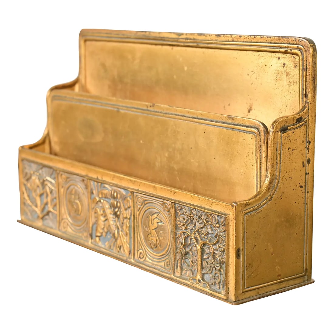 Tiffany Studios New York Bookmark Pattern Bronze Doré and Enamel Letter Rack: A gorgeous antique Arts & Crafts period "Bookmark" pattern gilt bronze and enamel desk letter rack By Tiffany Studios (signed to the underside) New York, USA, Early 20th Century Measures: 9.5"W x 2.5"