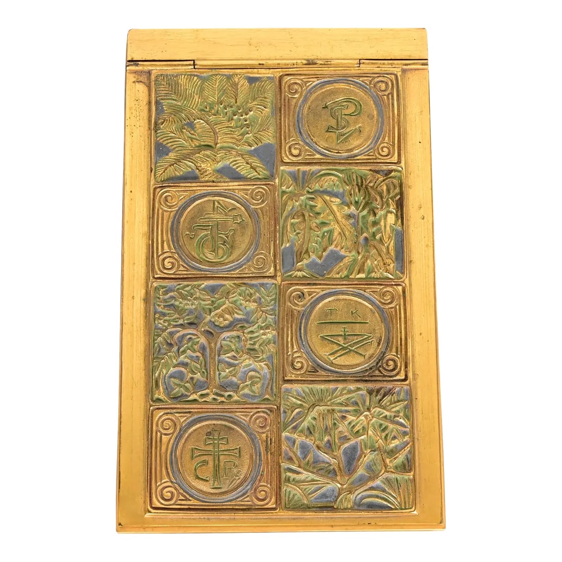 Tiffany Studios New York Bookmark Pattern Bronze Doré and Enamel Notepad Holder: A gorgeous antique Arts & Crafts or Art Nouveau period "Bookmark" pattern gilt bronze and enamel notepad holder By Tiffany Studios (signed to the underside) New York, USA, Early 20th Century Measures: