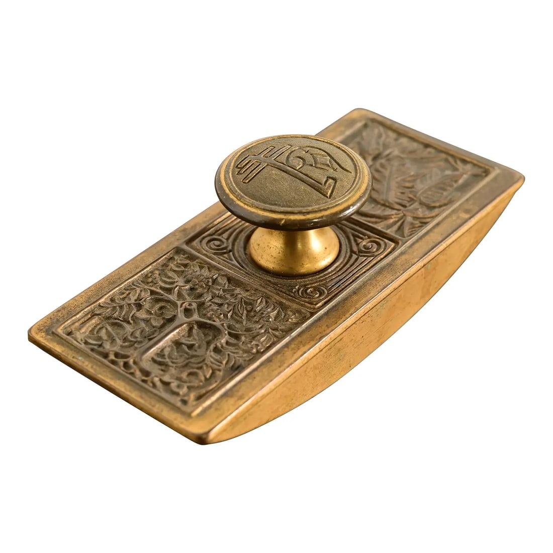 Tiffany Studios New York Bookmark Pattern Bronze Doré Rocker Blotter: A gorgeous antique Arts & Crafts period "Bookmark" pattern gilt bronze rocker ink blotter By Tiffany Studios (signed on the side) New York, USA, Early 20th Century Measures: 5.5"W x 2.5"D x 2"H. Good 