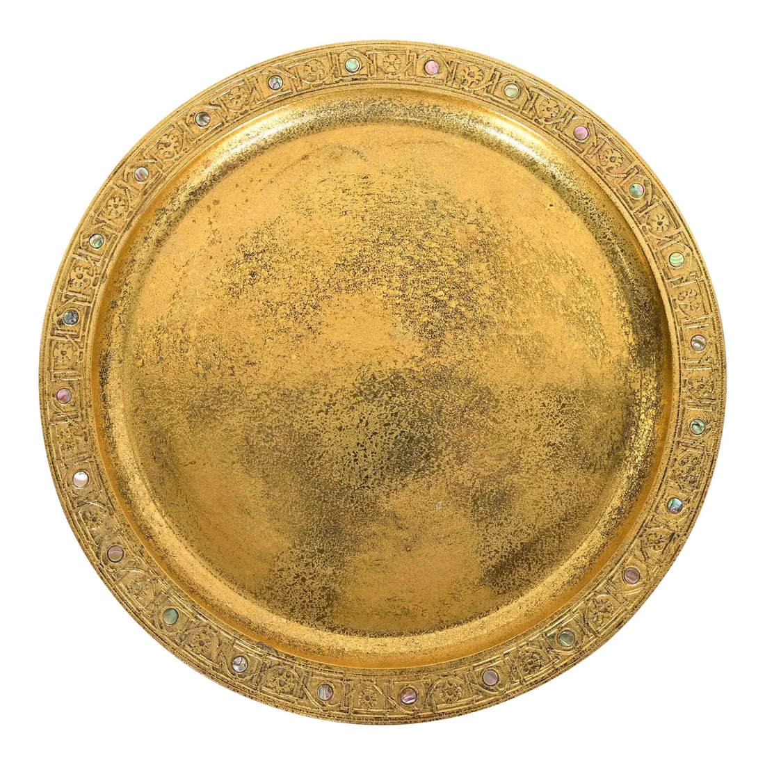 Tiffany Studios New York Bronze Doré Large Tray With Abalone Inlay: A gorgeous antique Arts & Crafts or Art Deco period gilt bronze large plate or tray with abalone inlay By Tiffany Studios (signed to the underside) New York, USA, Early 20th Century Measures: 14"W x 1