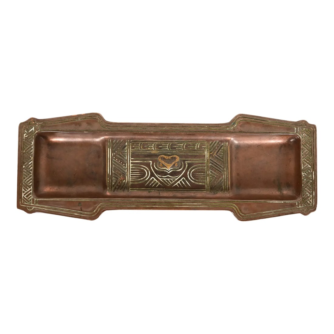 Tiffany Studios New York American Indian Pattern Bronze Pen Tray: A gorgeous antique Arts & Crafts or Art Deco period "American Indian" pattern bronze pen tray By Tiffany Studios (signed to the underside) New York, USA, Early 20th Century Measures: 11"W x 4"D x 0.5"