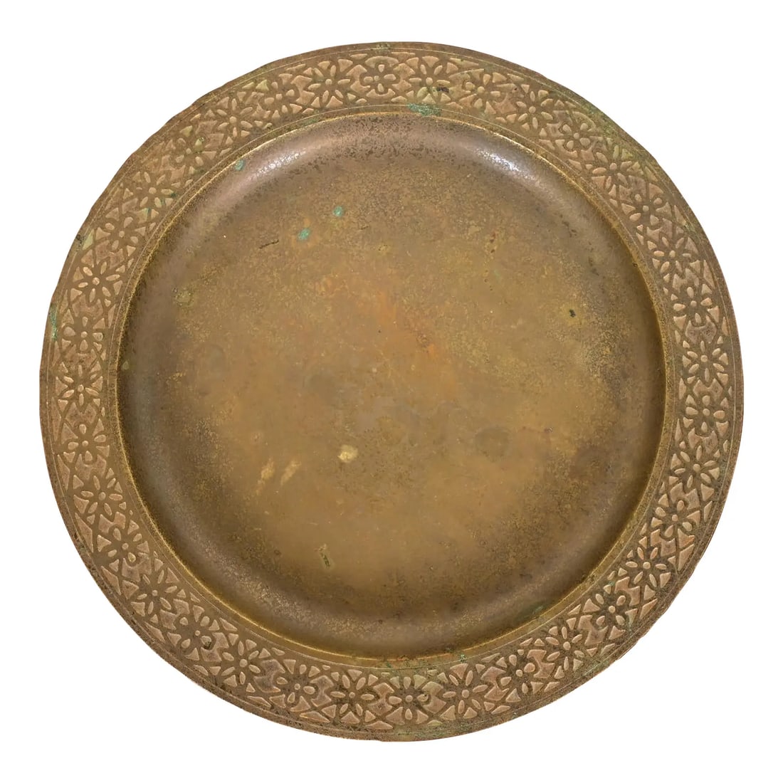 Tiffany Studios New York Bronze Doré Plate With Decorative Border: A gorgeous antique Arts & Crafts or Art Deco period gilt bronze plate with decorative border By Tiffany Studios (signed to the underside) New York, USA, Early 20th Century Each measures: 9"W x 9"D x 0