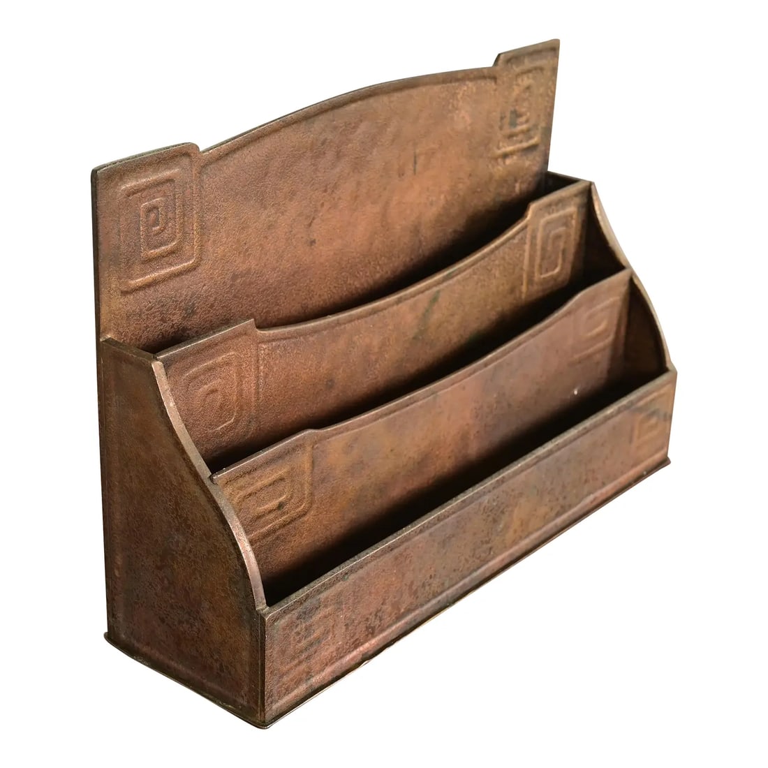 Tiffany Studios New York Art Deco Greek Key Bronze Letter Rack: A gorgeous antique Art Deco period bronze desk letter rack featuring a Greek key design By Tiffany Studios (signed to the underside) New York, USA, Early 20th Century Measures: 12.25"W x 3.75"D x 8.25