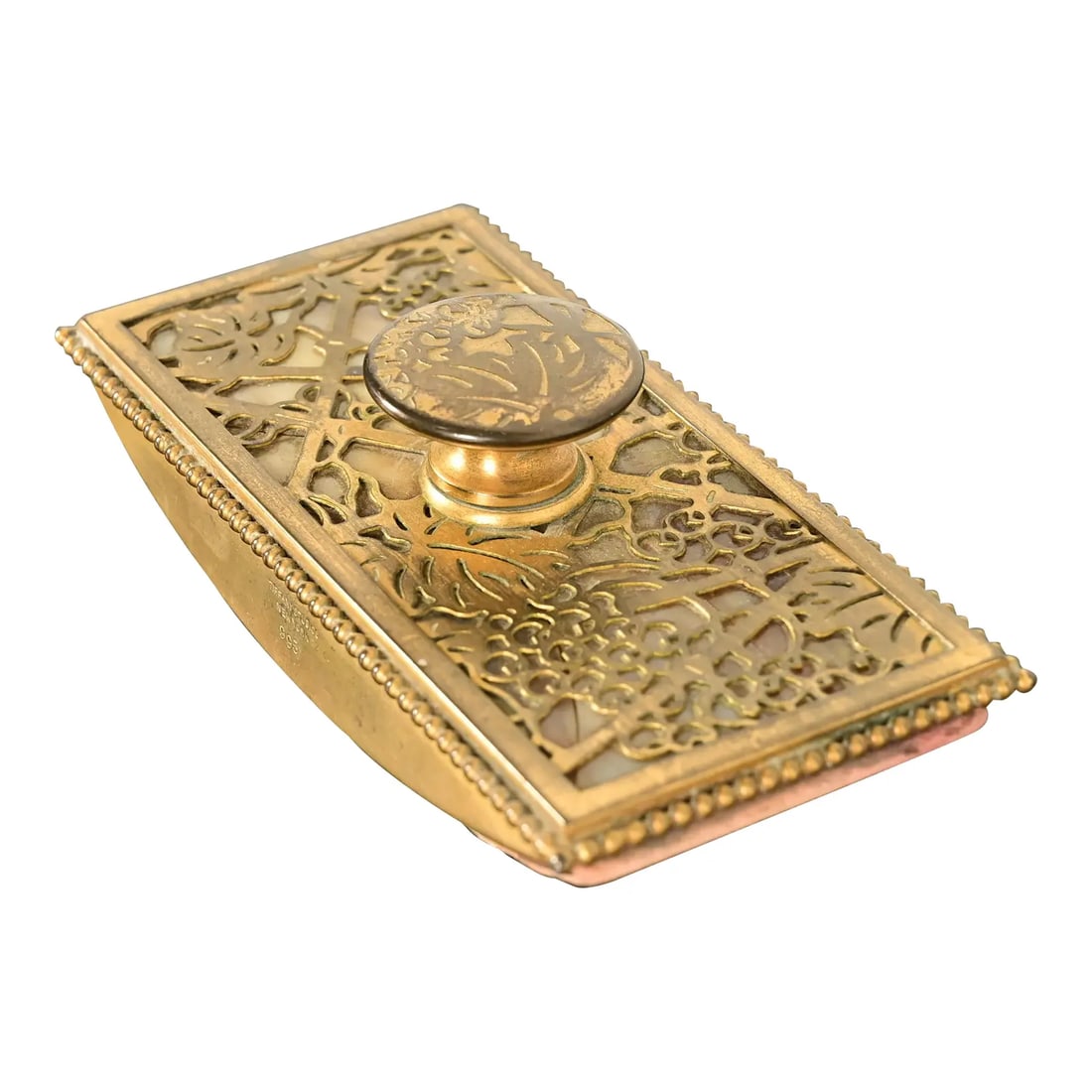 Tiffany Studios New York Grapevine Bronze Doré and Favrile Slag Glass Rocker Blotter: An exceptional antique Arts & Crafts or Art Deco period "Grapevine" pattern gilt bronze and Favrile slag glass rocker ink blotter By Tiffany Studios (signed on the side) New York, USA, Early 20th Cent