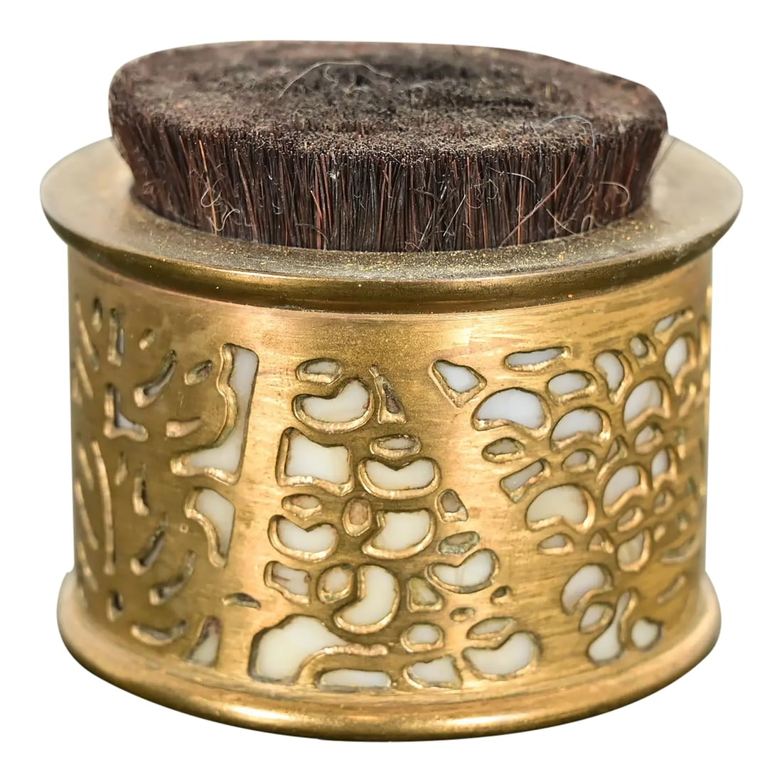 Tiffany Studios New York Grapevine Pattern Bronze Doré and Favrile Slag Glass Pen Brush: A gorgeous antique Arts & Crafts or Art Deco period "Grapevine" pattern gilt bronze and Favrile slag glass pen brush or pen wipe By Tiffany Studios (signed to the underside) New York, USA, Early 20th 