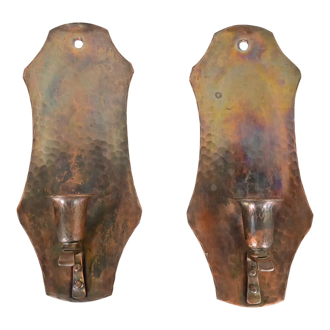 Arthur Cole for Avon Coppersmith Arts & Crafts Hammered Copper Candle Wall Sconces, Pair: A gorgeous pair of Arts & Crafts period hand hammered copper candle wall sconces By Arthur Cole for The Avon Coppersmith USA, 1930s Measures: 4"W x 2"D x 9"H. Good original vintage condition, with bea