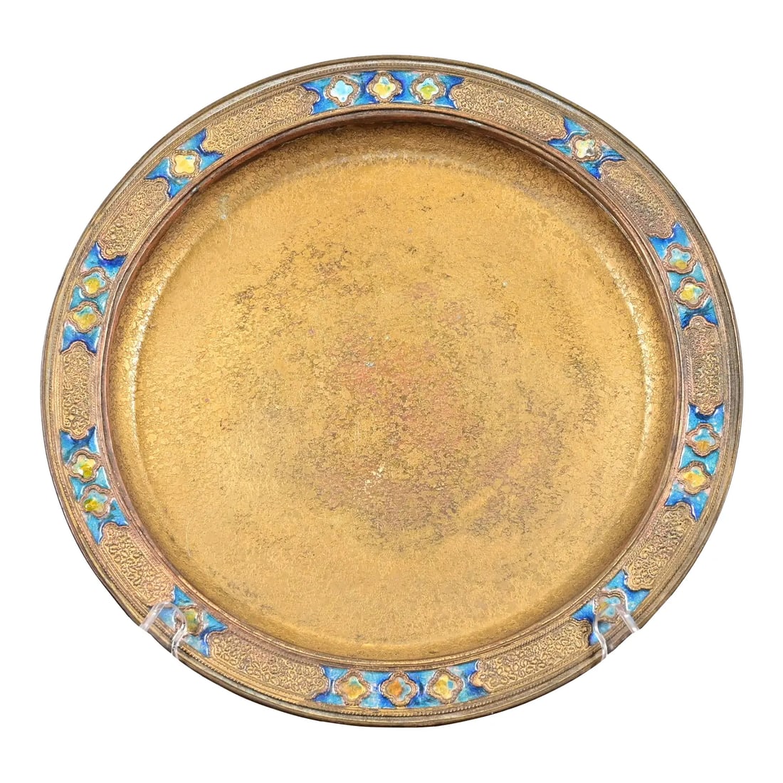 Louis Comfort Tiffany Furnaces Favrile Bronze Doré and Enamel Charger Plate or Tray, 1920s: A gorgeous antique Arts & Crafts or Art Deco period gilt bronze charger plate with enameled jewel decoration By Louis Comfort Tiffany Furnaces Inc. (signed to the underside) New York, USA, 1920s Measu