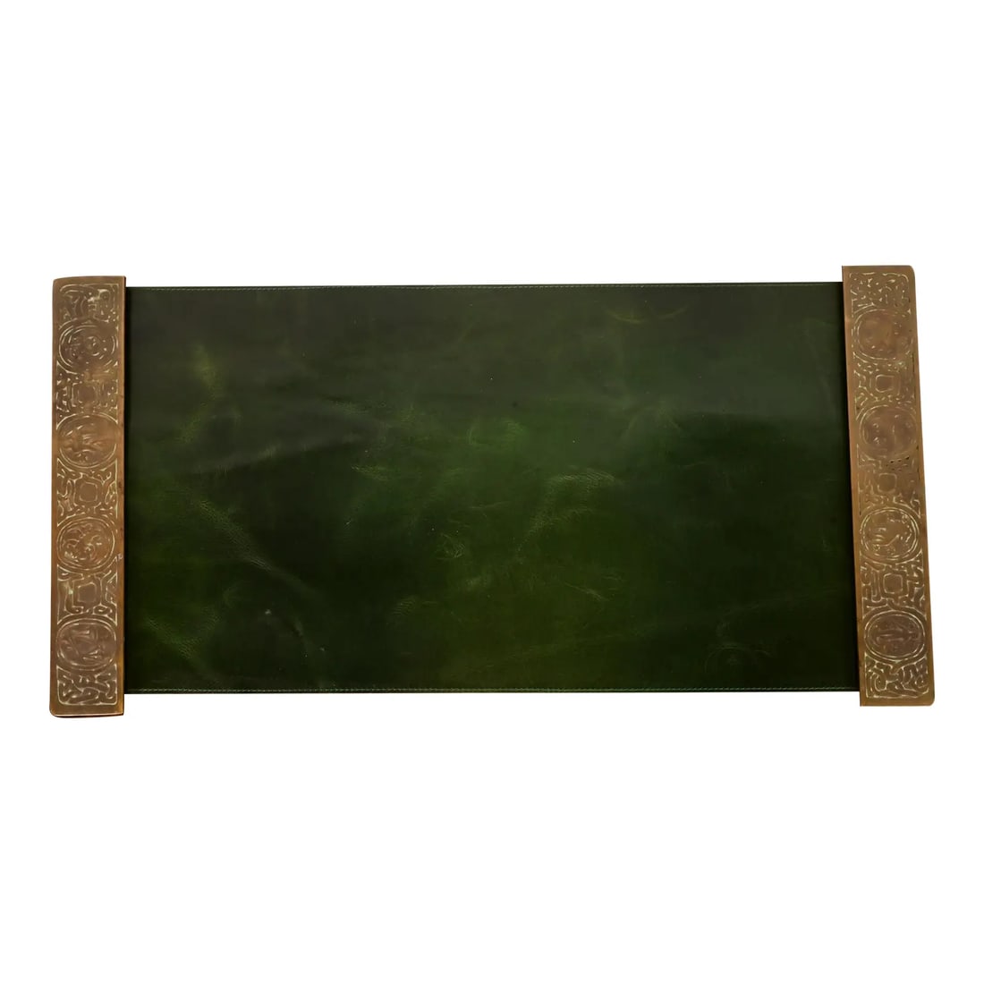 Tiffany Studios New York Zodiac Bronze Blotter Ends With Leather Desk Blotter: A gorgeous pair of antique Art Deco or Arts & Crafts period bronze blotter ends featuring symbols of the Zodiac with a custom green leather desk pad By Tiffany Studios (blotter ends signed to the unde
