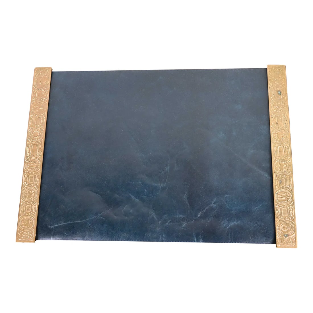 Tiffany Studios New York Zodiac Bronze Doré Blotter Ends With Leather Desk Blotter: A gorgeous pair of antique Art Deco or Arts & Crafts period gilt bronze blotter ends featuring symbols of the Zodiac with a custom blue leather desk pad By Tiffany Studios (blotter ends signed to the 