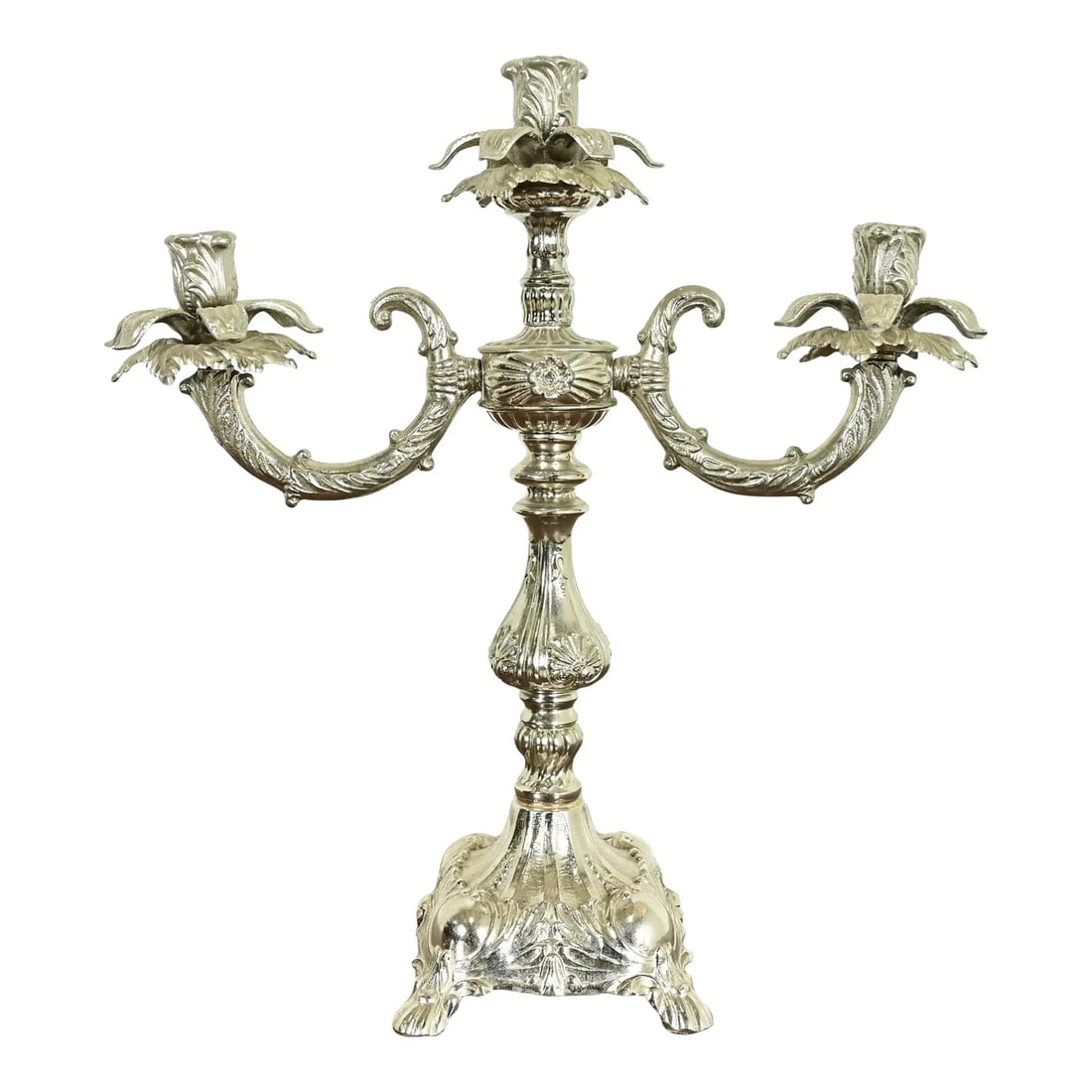 Tiffany & Co. Style Antique Victorian Silverplate Three-Light Candelabra: A gorgeous antique Victorian silver plate three-light candelabra In the manner of Tiffany & Co. USA, Circa Early 20th Century Measures: 17"W x 6"D x 17.5"H. Good original vintage condition. Two matchi
