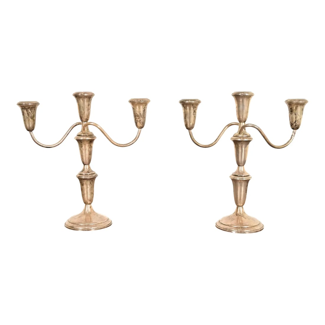 Tiffany & Co. Style Art Deco Sterling Silver Candelabras, Pair: A gorgeous pair of Art Deco sterling silver weighted candelabras In the manner of Tiffany & Co. By Empire Silver Company (signed at the base) USA, Circa 1940s Each measures: 10.5"W x 3.75"D x 10.5"H. 