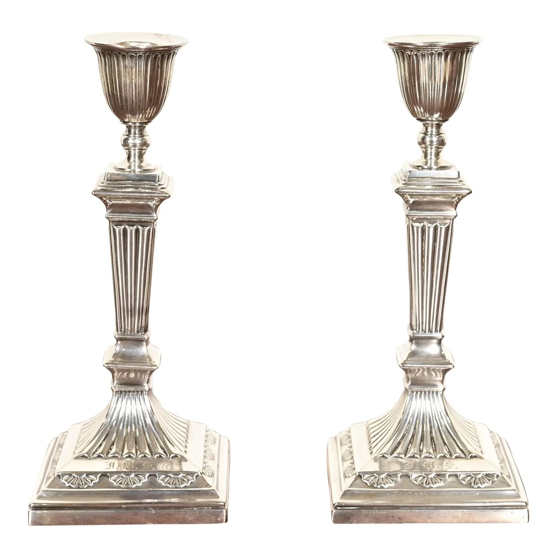 Tiffany & Co. Antique Neoclassical Silverplate Candlesticks, Pair: A gorgeous pair of antique Neoclassical or Victorian silver soldered candlesticks By Tiffany & Co. (each signed to the underside) USA, Circa Late 19th Century Each measures: 3.5"W x 3.5"D x 8.25"H. Go