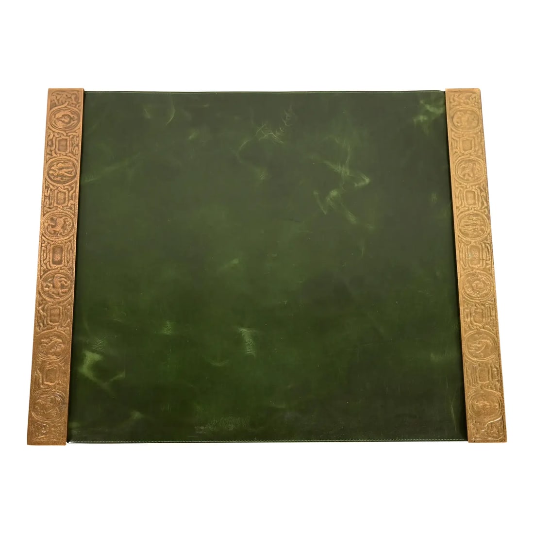 Tiffany Studios New York Zodiac Bronze Doré Blotter Ends With Leather Desk Blotter: A gorgeous pair of antique Art Deco or Arts & Crafts period gilt bronze blotter ends featuring symbols of the Zodiac with a custom green leather desk pad By Tiffany Studios (blotter ends signed to the